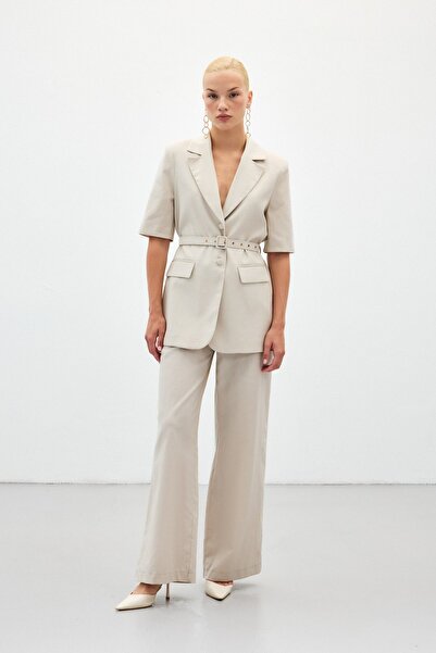 Sateen Ширококрачни ленени панталони - камък