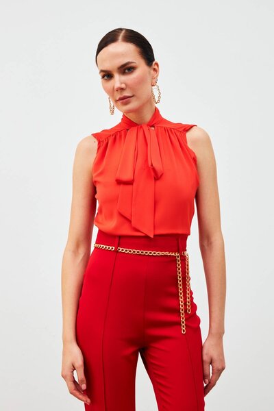 Sateen Sleeveless Blouse with Scarf - Coral