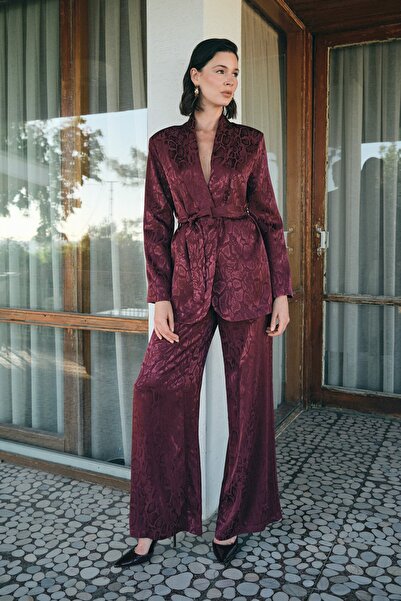 Sateen Snake Patterned Trousers - Burgundy