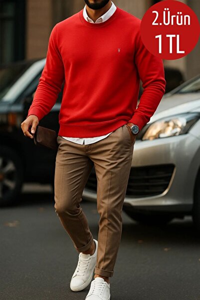 COMBİNE MİCHAİL سويت شيرت رجالي أساسي ذو رقبة دائرية باللون الأحمر