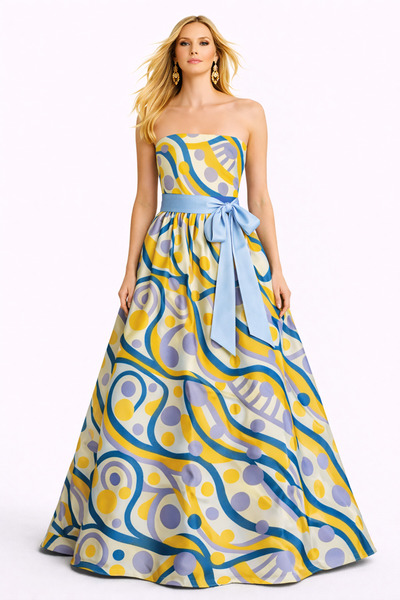 MERT ERKAN Karışık Desenli İpek Brokar/Tafta Straplez Maxi Elbise