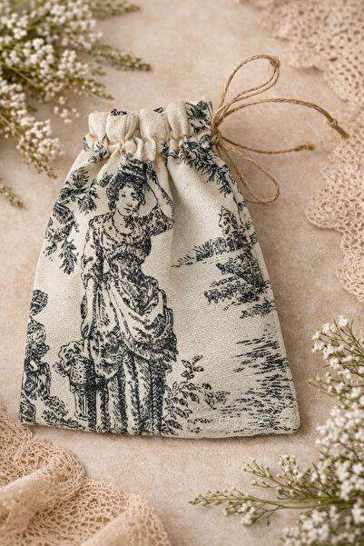 Buemshop French Village Mini Kese 15x21 cm | Siyah Toile de Jouy Keten Jüt İp...