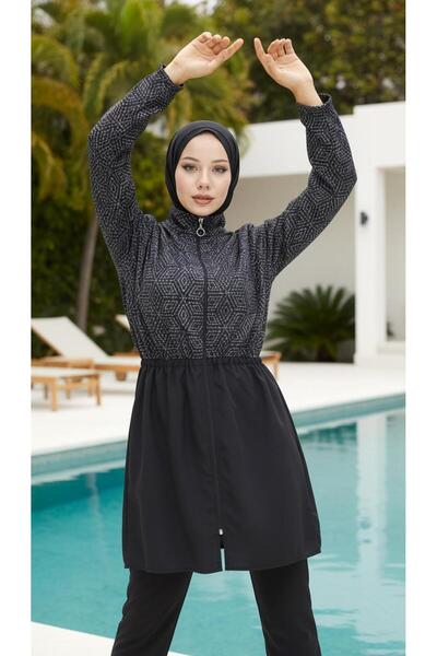 new ats Women's Fully Covered Hijab Swimsuit Patterned Bonnet and Bag Set Lamis