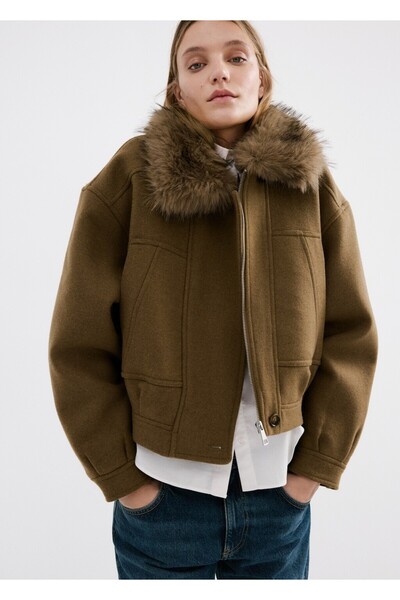 MANGO Woman Yün karışımlı kürk yaka ceket