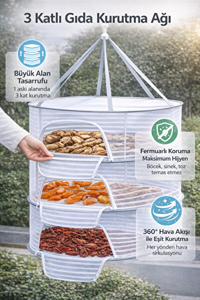 MUJGAN Fermuarlı Katlanabilir 3 Katlı Kurutma Ağı - Gıda ve Çamaşır Kurutma