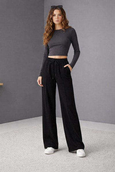 Green Hill Women's Two-Threaded, Wide-Leg, Striped Black Sweatpants