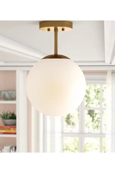 burenze Modern Tekli Beyaz Glop Camlı Tavan Salon Oturma Odası Mutfak Hol Antre Avize Eskitme Gold