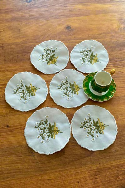 NAKIŞHAN Papatya Buket Set de 6 șervețele speciale din in brodat, pentru servirea cafelei, șervețele pentru cocktail, șervețele pentru petrecere-verde