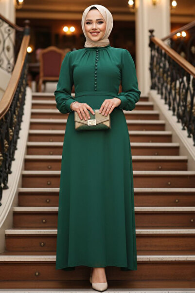 Neva Style Düğme Detaylı Yeşil Tesettür Elbise 2703Y