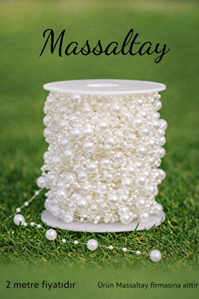 Massaltay Krem Saçaklı Misinalı İnci Süsleme İpi 2 Metre – Krem Boncuklu Deko...