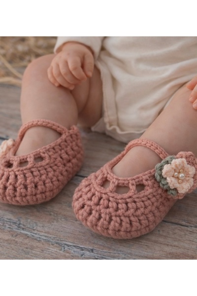 seraskids El Örgüsü Vintage Çiçekli Pudra Pembe Yumuşak Bebek Patik