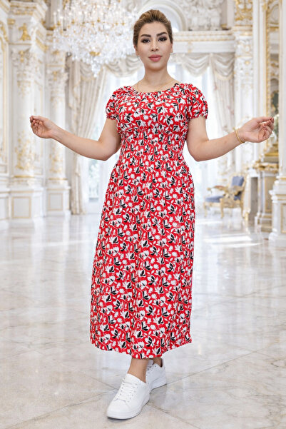 Yeşilmoda فستان، قطن، طباعة زهور، صيفي، غير مبطن، أحمر، مقاس قياسي، خصر ليكرا...