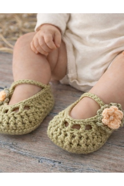 seraskids El Örgüsü Vintage Çiçekli Çağla Yeşili Yumuşak Bebek Patik