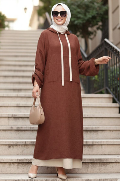 N.S NEVA STYLE فستان حجاب بني بقلنسوة 76612KH