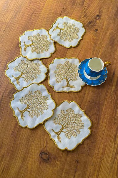 NAKIŞHAN Set de 6 șervețele speciale din in brodat, pentru servirea cafelei, șervețele pentru cocktailuri de cafea - Auriu