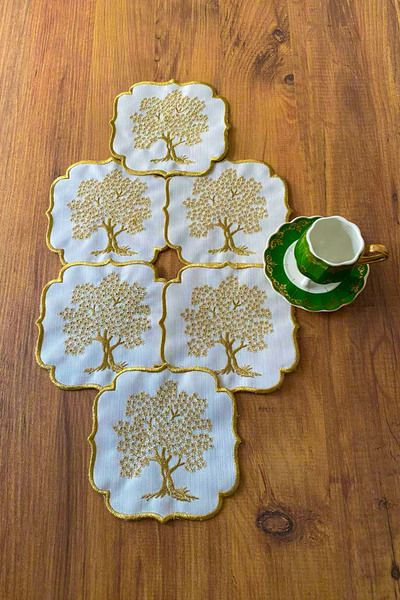 NAKIŞHAN Set de 6 șervețele speciale din in brodat, pentru servirea cafelei, șervețele pentru cocktailuri de cafea - Auriu