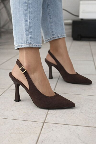 Lölük Moda Women's Brown Suede Buckle Pointed Toe Stylish Heeled Stiletto Shoes