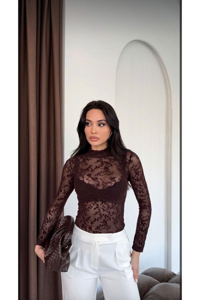 DAME Bluză de damă din tul cu imprimeu flocat, cu guler pe jumătate