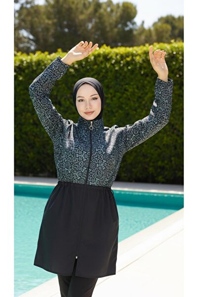 new ats Rima Women's Fully Covered Patterned Hijab Swimsuit Set of 4 with Bon...