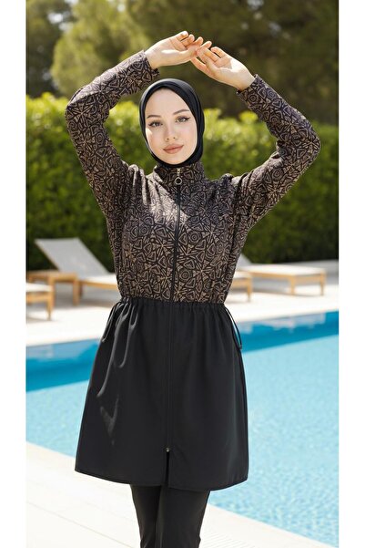 new ats Rima Women's Fully Covered Patterned Hijab Swimsuit Set of 4 with Bon...