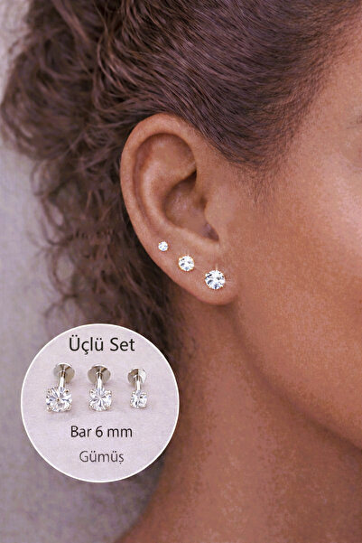 Sacce Scarves&Accessories Tektaşlı 3'lü Set Çelik Piercing Tragus Helix Kıkır...