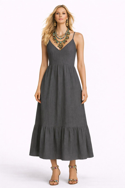 MERT ERKAN Straps & Hem Ruffle Wrap Textured Midi Chic/Sport Dress