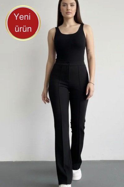 glanour Women's Black High Waist Shaping / Sculpting Flared Leg piped Pants