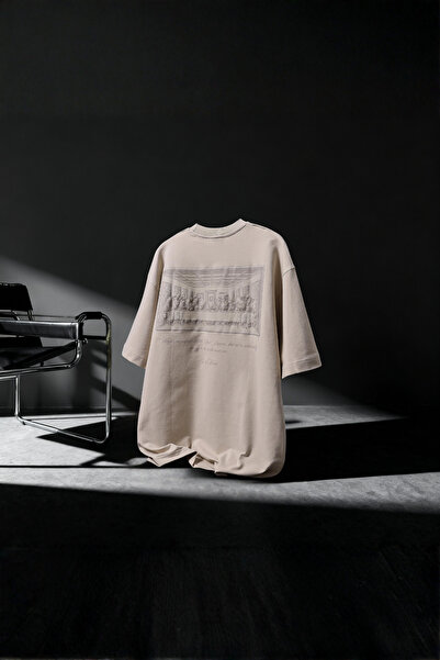 Wonraces Men's Beige Premium Da Vinci Embossed Printed Crew Neck Oversize T-S...