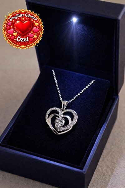 Siset Gümüş 925 Ayar Çift Kalpli Işıklı Kutuda Gümüş Aşk Kolyesi