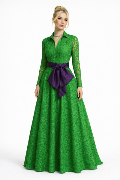 UNTIMELY فستان قميص طويل من الدانتيل الأخضر بحزام من التفتا الأرجواني