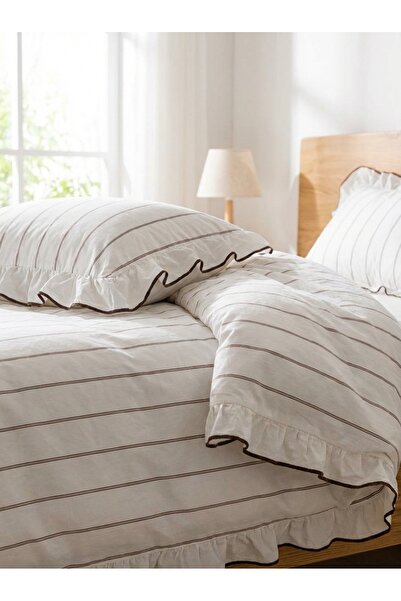 BESTİNA GOLD طقم غطاء لحاف مزدوج مصنوع من القطن بنسبة 100% مع زخارف مكشكشة