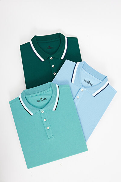 Tudors Мъжка 3-пакетна тюркоазено-светлосиньо-зелена тениска с поло яка от па...
