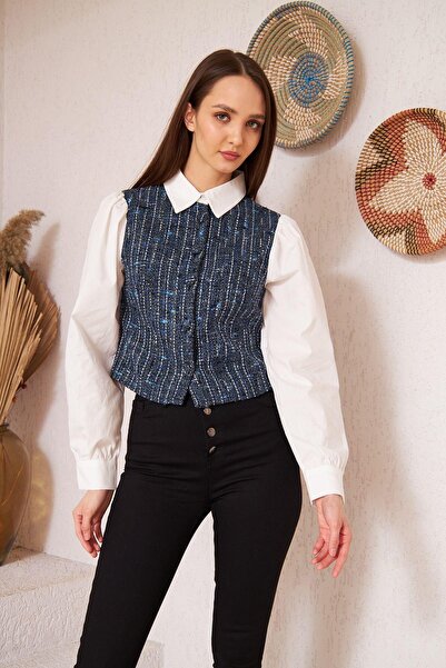 Darlin Moda Kadın Mavi Tüvit Garnili Uzun Kollu Gömlek DM9001