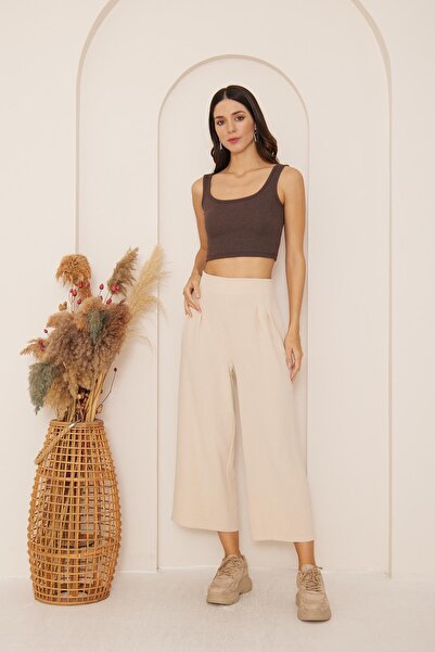 Darlin Moda Kadın Bej Yüksek Bel Bol Paça Pantolon DM3003