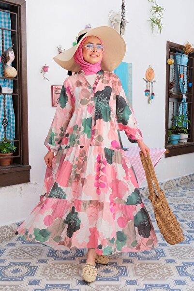 LOCCO Rochie cu model de frunze roz