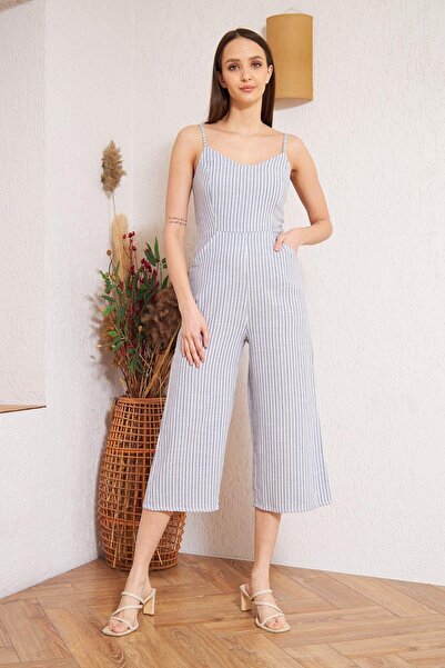 Darlin Moda Kadın Mavi Çizgili Tulum DM4000