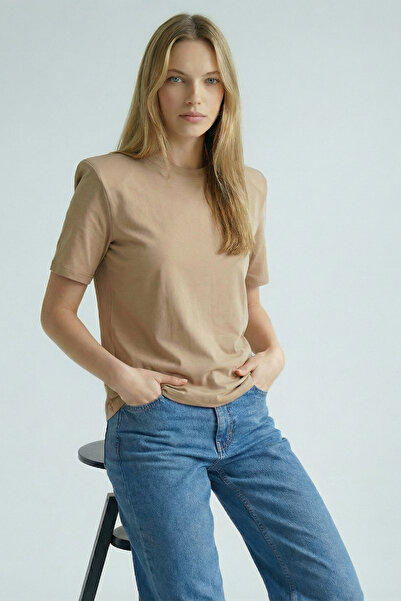 poupee Γυναικείο μπλουζάκι από βαμβακερό χτενισμένο ώμο με γάλα καφέ