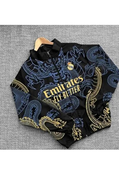 Lushen Unisex Paraşüt Kumaş Oversize Dijital Baskılı Siyah Rüzgarlık Yağmurlu...