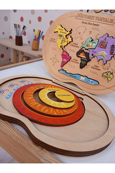 Ankebut Dünyanın Katmanları Renkli Kıtalar ve Okyanuslar ve Puzzle