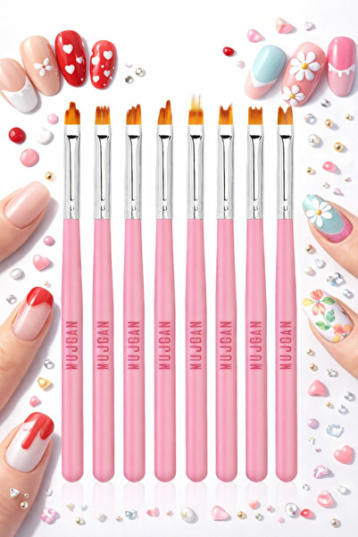MUJGAN Tırnak Süsleme Nail Art 8'li Fırça Seti Pembe Renk
