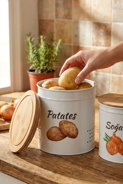 hemlife دلو معدني للبطاطس والبصل مع غطاء خشبي من طبقتين - سلة خضار - سلة بطاط...