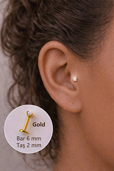 Sacce Scarves&Accessories 2 mm Tektaşlı 6 mm Çelik Piercing Gold Renkli