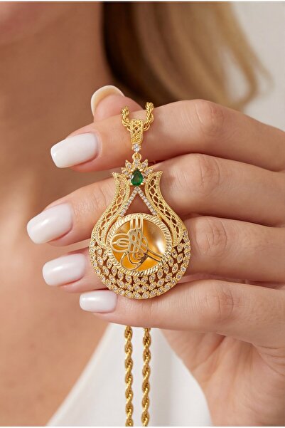 FerizZ Altın Kaplama Yeşil Taşlı Lale Model Tuğralı Kolye Ucu TGR-757