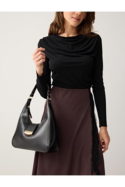 Jimmy Key Black Shiny Leather Look Shoulder Bag with Metal Detail