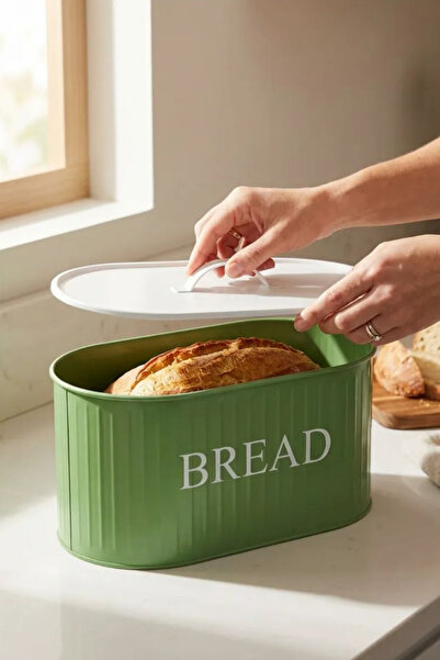hemlife وعاء خبز معدني فاخر وعصري كبير الحجم بغطاء معدني، سلة خبز خضراء 32 سم
