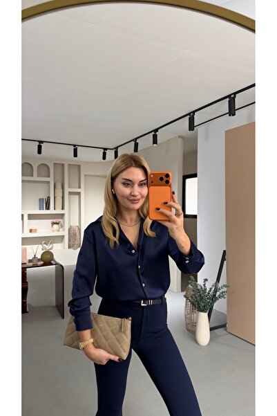 Sezgi Tekin Buttoned Navy Blue Satin Shirt
