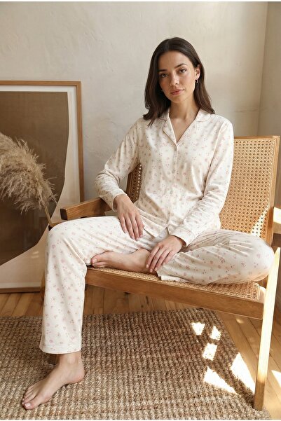 Espuar Kadın Desenli Önden Düğmeli Uzun Kollu Pijama Takımı 784