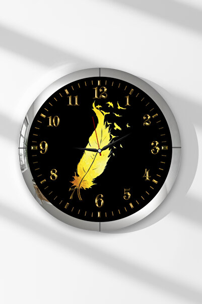 Zevahir Mobilya Dekorasyon Gümüş Çerçeveli Altın Tüy Temalı Yuvarlak MDF Duva...