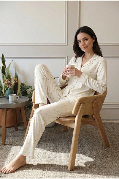 Espuar Women's Floral Patterned Ribbed Combed Cotton Top and Bottom Pajama Se...