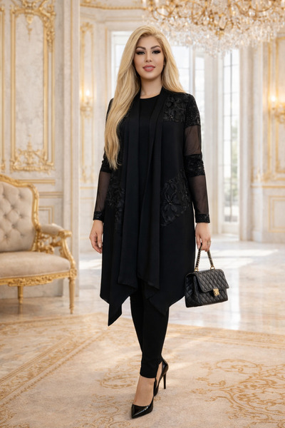 Yeşilmoda Vest,Cotton Thread,Embroidered,Under the Knee,Casual,Sleeveless,Bla...